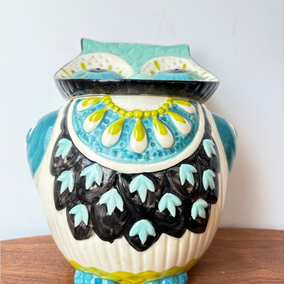 Charming Ceramic Anthropologie Bubo Owl Cookie Jar with Teal and Black Accents - Picture 5 of 13